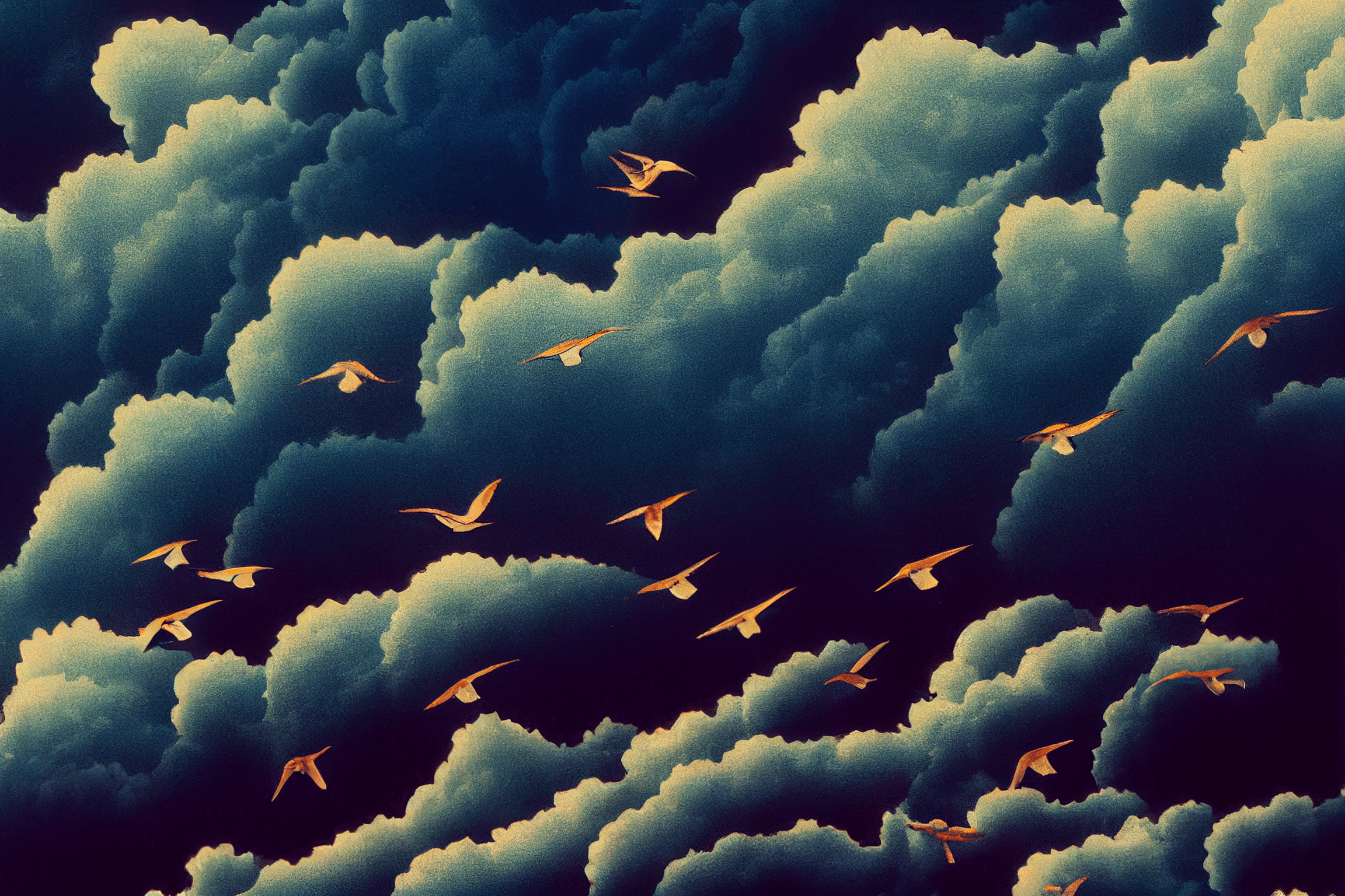 Pink birds fly across a dark and stormy sky